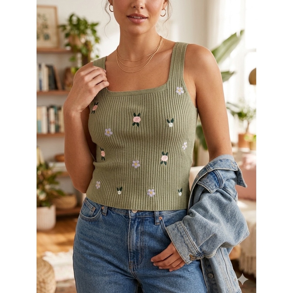Hem & Thread Olive Green Floral Embroidered Ribbed Knit Tank Top Medium